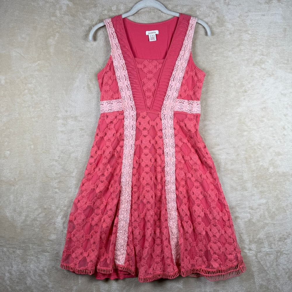 Sundance Womens 2 Pink Lace‎ V-Neck Sleeveless Mini Dress Boho Crochet Hem